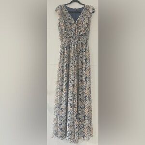 1. State Floral Print Wide Leg Jumper. Women’s Navy, White & Peach Sz. Medium